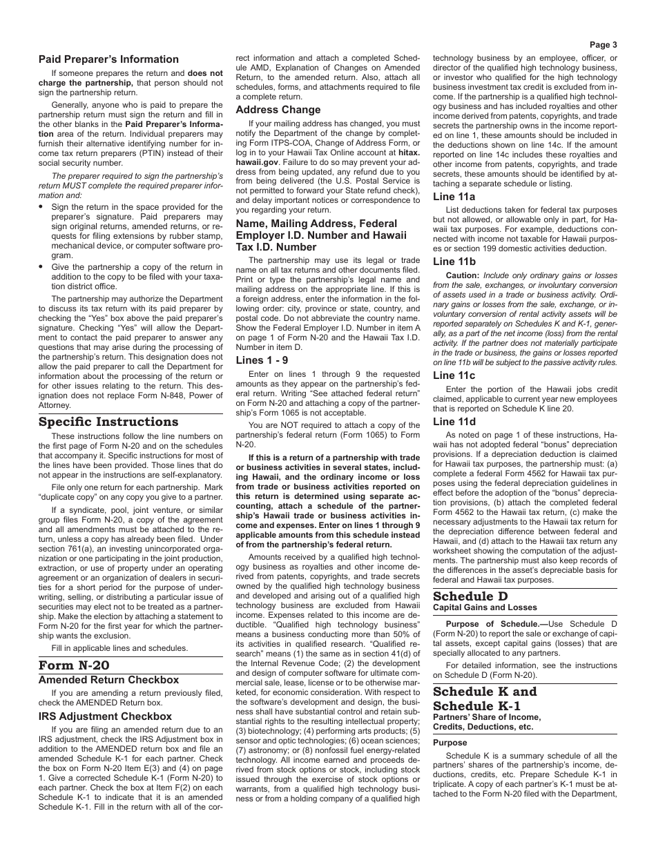 Instructions for Form N-20 Partnership Return of Income - Hawaii, Page 3