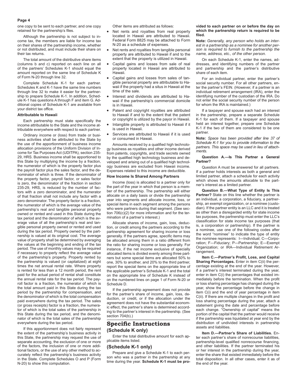Instructions for Form N-20 Partnership Return of Income - Hawaii, Page 4