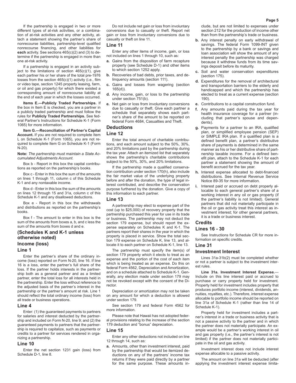 Instructions for Form N-20 Partnership Return of Income - Hawaii, Page 5