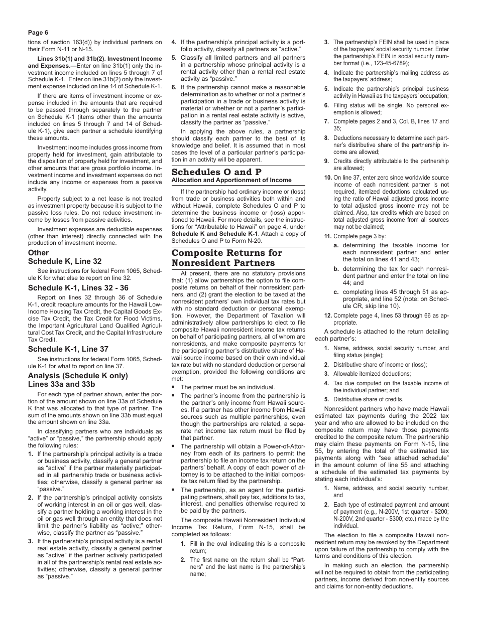Instructions for Form N-20 Partnership Return of Income - Hawaii, Page 6