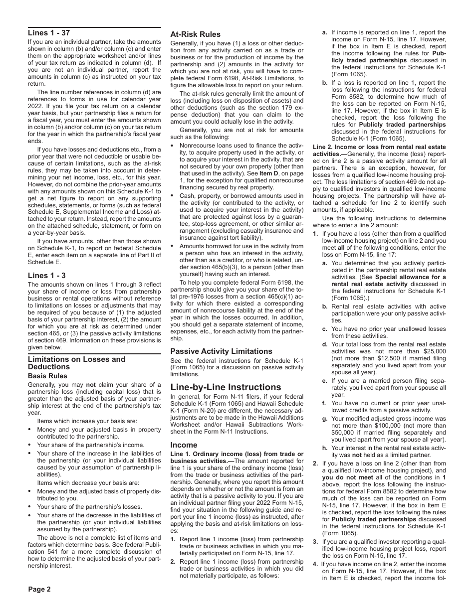 Instructions for Form N-20 Schedule K-1 Partners Share of Income, Credits, Deductions, Etc. - Hawaii, Page 2