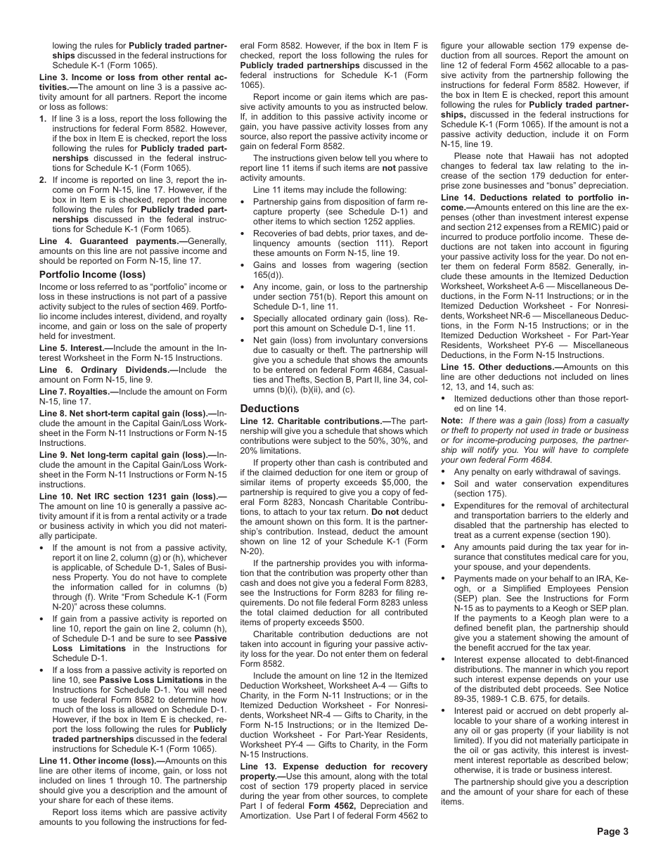 Instructions for Form N-20 Schedule K-1 Partners Share of Income, Credits, Deductions, Etc. - Hawaii, Page 3