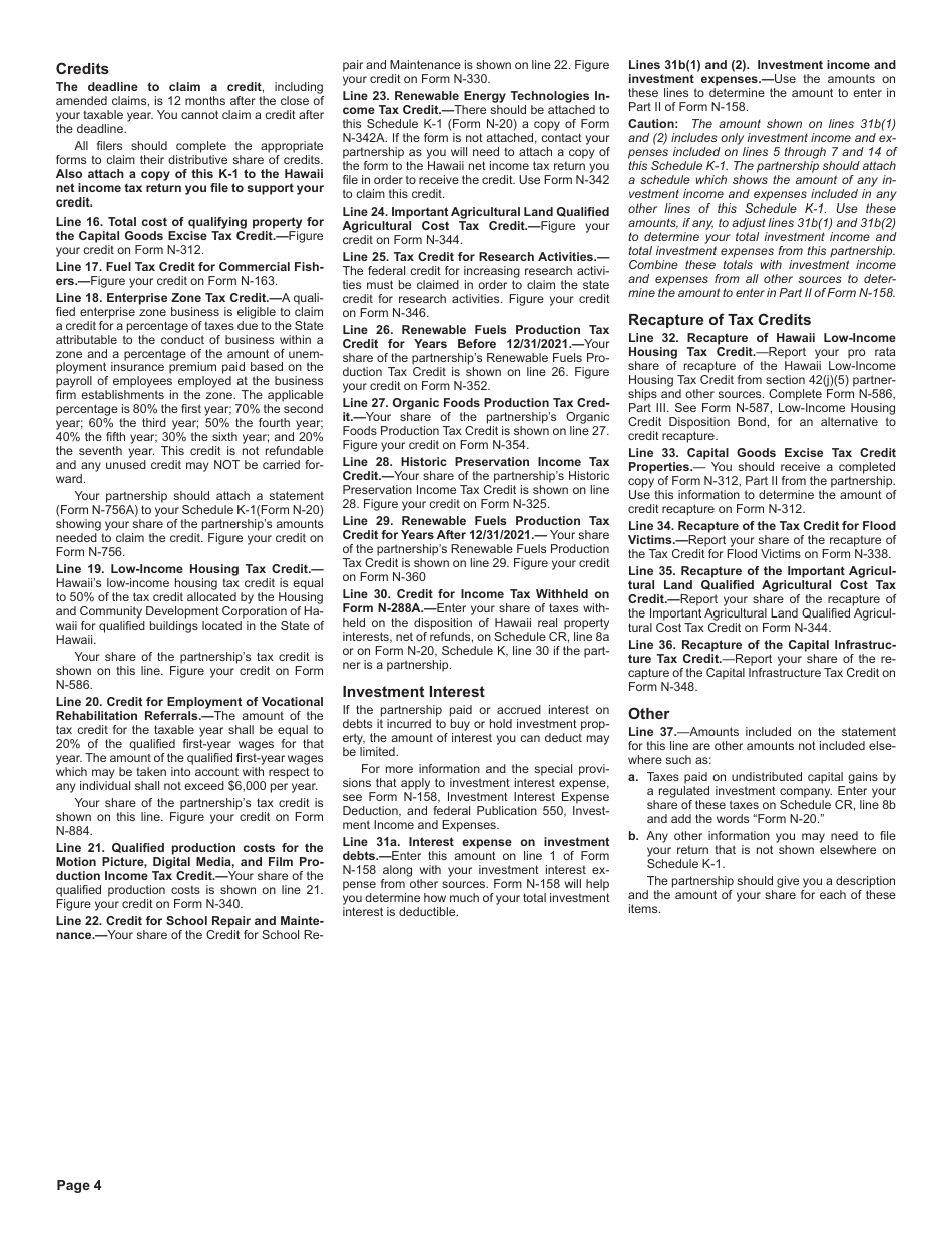 Instructions for Form N-20 Schedule K-1 Partners Share of Income, Credits, Deductions, Etc. - Hawaii, Page 4