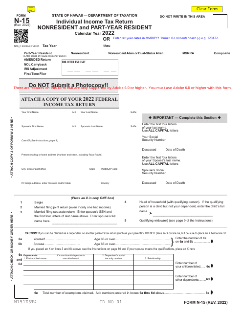 Form N-15 Individual Income Tax Return - Nonresident and Part-Year Resident - Hawaii, 2022
