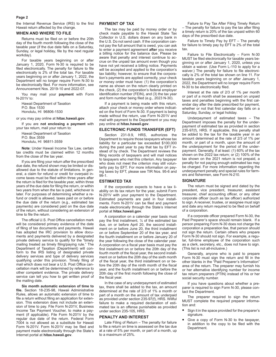 Instructions for Form N-30 Corporation Income Tax Return - Hawaii, Page 2