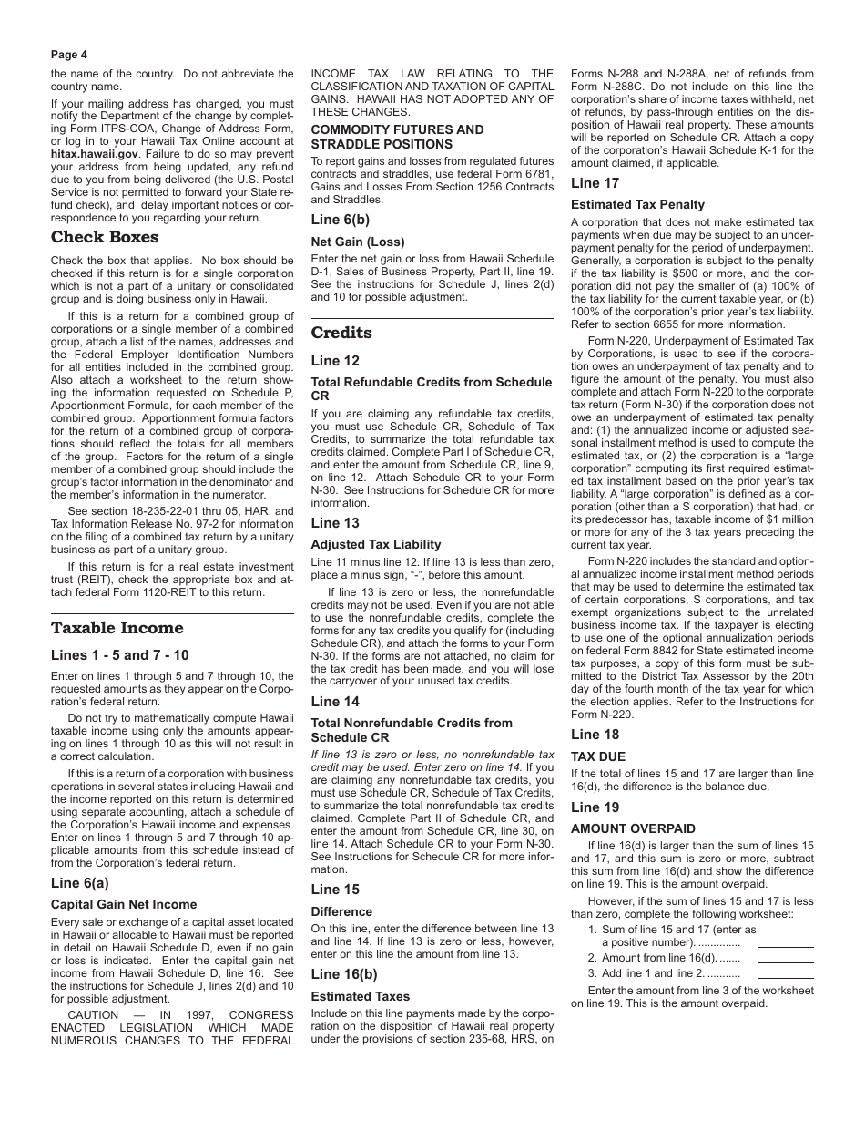 Instructions for Form N-30 Corporation Income Tax Return - Hawaii, Page 4