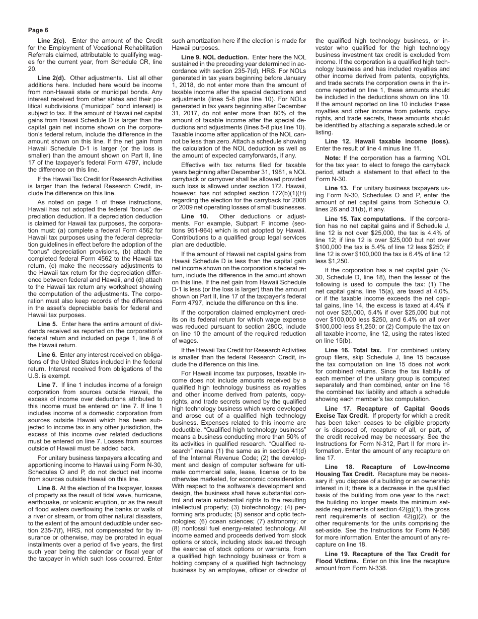 Instructions for Form N-30 Corporation Income Tax Return - Hawaii, Page 6