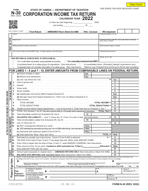 Form N-30 Corporation Income Tax Return - Hawaii, 2022