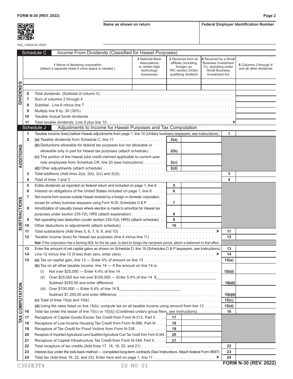 Form N-30 Corporation Income Tax Return - Hawaii, Page 2
