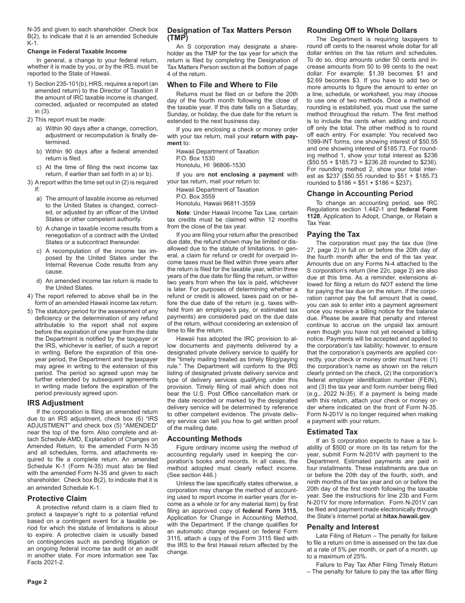Instructions for Form N-35 Hawaii Income Tax Return for an S Corporation - Hawaii, Page 2