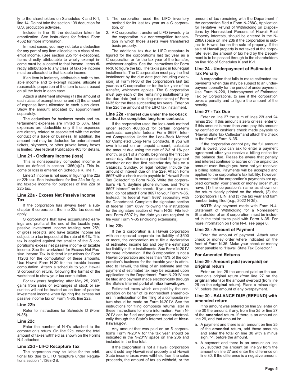 Instructions for Form N-35 Hawaii Income Tax Return for an S Corporation - Hawaii, Page 5