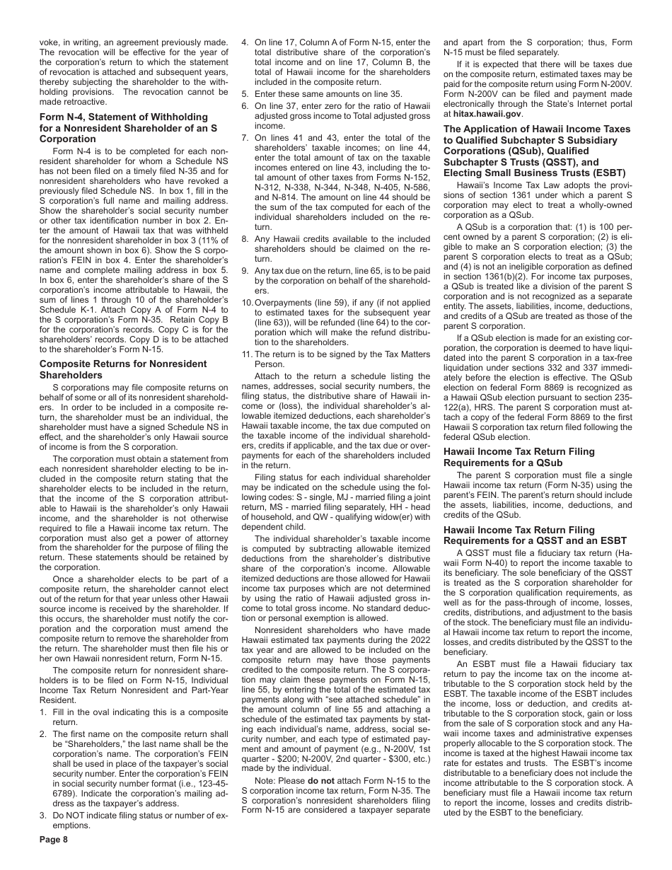Instructions for Form N-35 Hawaii Income Tax Return for an S Corporation - Hawaii, Page 8