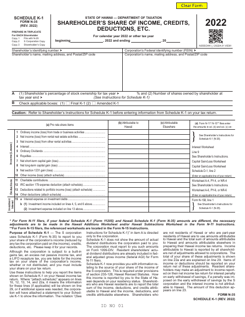 Form N-35 Schedule K-1 Shareholder&#039;s Share of Income, Credits, Deductions, Etc - Hawaii, 2022