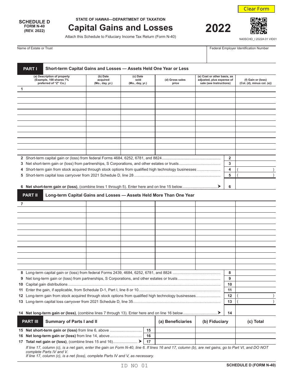 Form N-40 Schedule D Capital Gains and Losses - Hawaii, Page 1