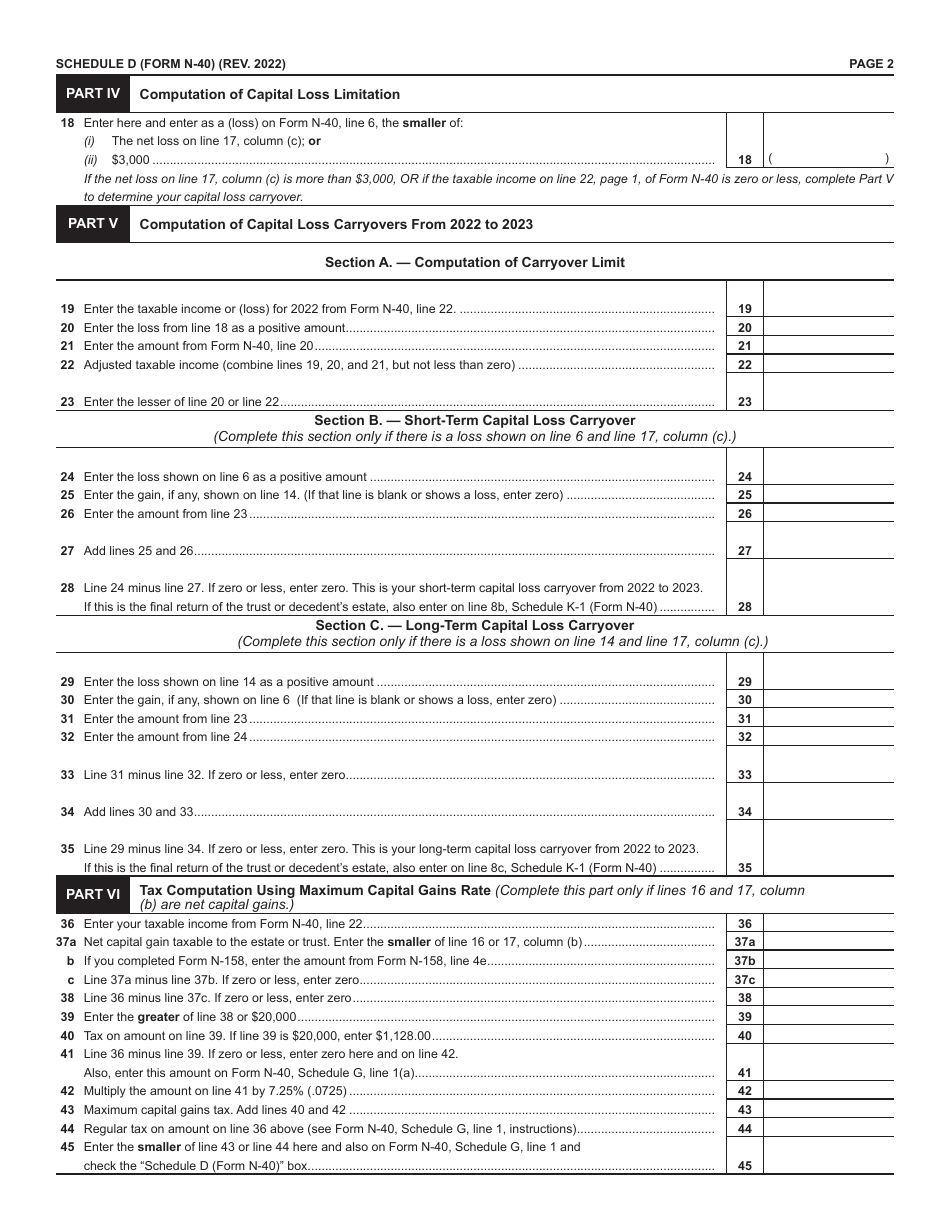 Form N-40 Schedule D - 2022 - Fill Out, Sign Online and Download ...