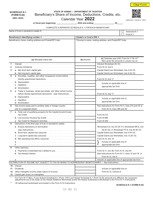 Form N-40 Schedule K-1 Beneficiary&#039;s Share of Income, Deductions, Credits, Etc. - Hawaii, 2022