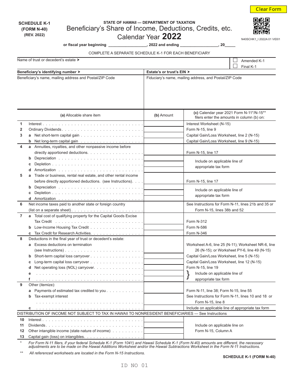 Form N-40 Schedule K-1 Beneficiary's Share of Income, Deductions, Credits, Etc. - Hawaii, Page 1