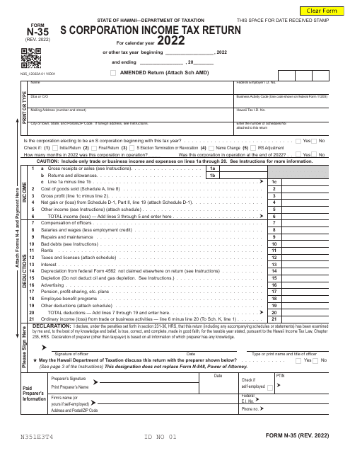 Form N-35 S Corporation Income Tax Return - Hawaii, 2022