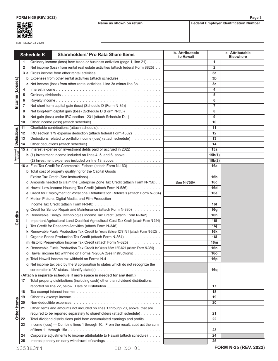 Form N-35 S Corporation Income Tax Return - Hawaii, Page 3