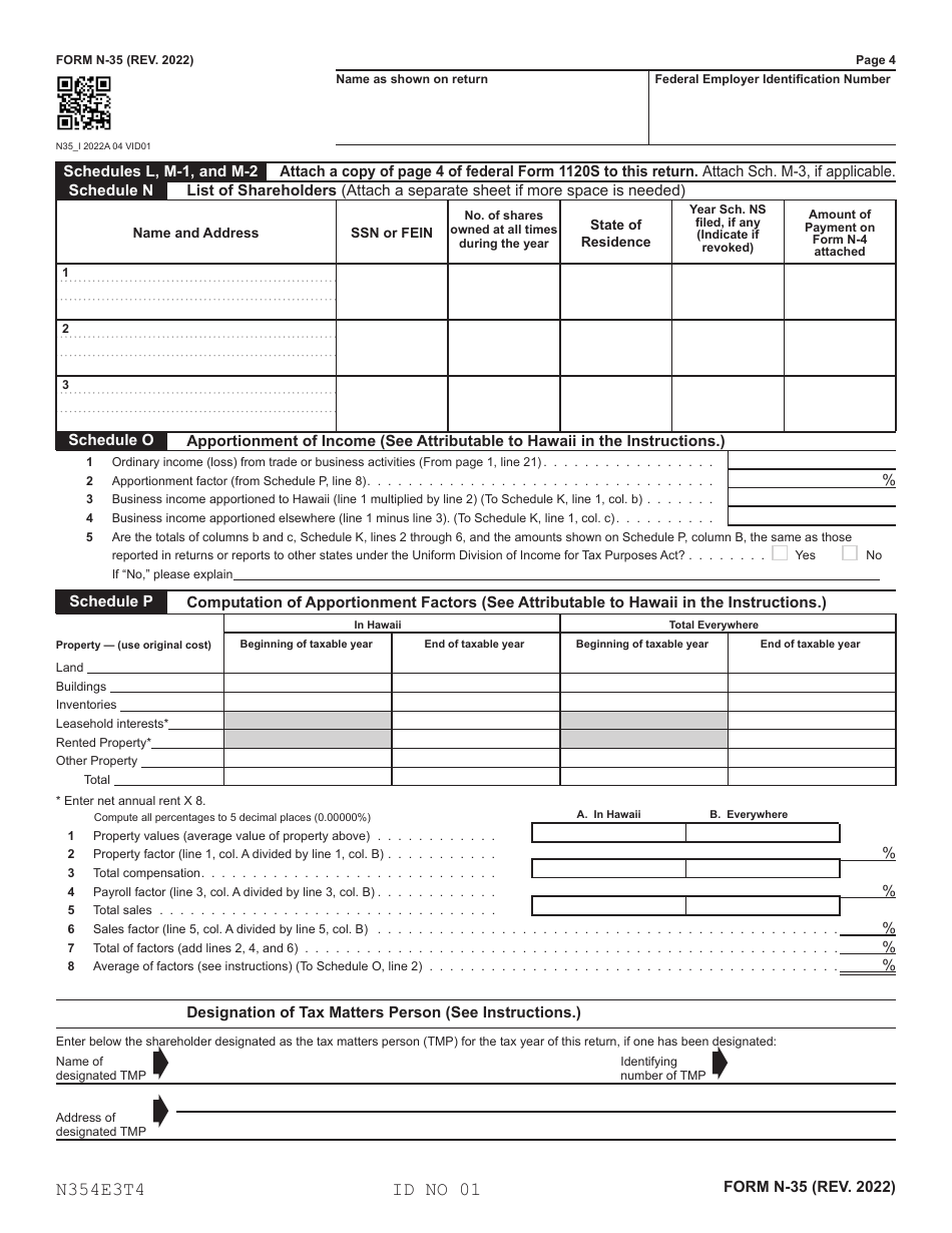Form N-35 S Corporation Income Tax Return - Hawaii, Page 4