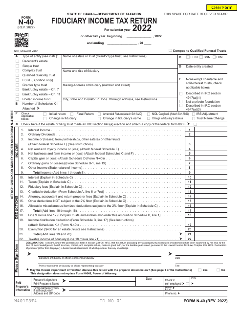 Form N-40 Fiduciary Income Tax Return - Hawaii, 2022