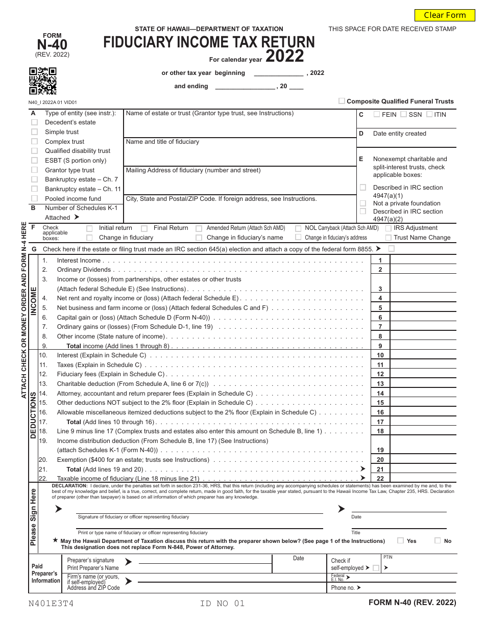 Form N40 Download Fillable PDF or Fill Online Fiduciary Tax