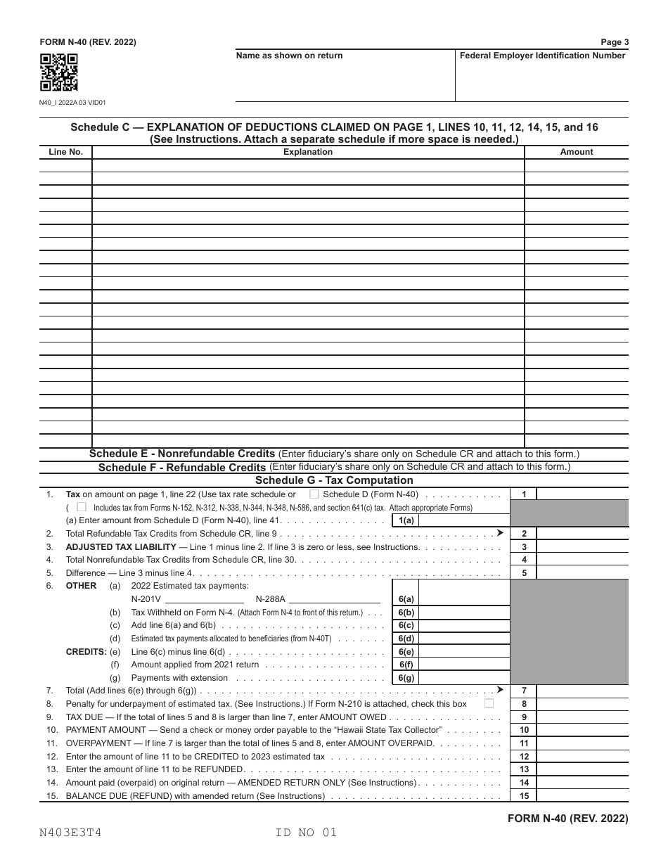 Form N-40 Fiduciary Income Tax Return - Hawaii, Page 3