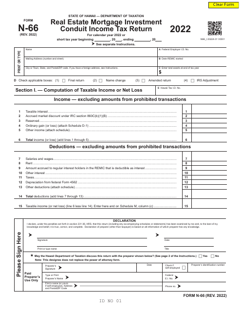 Form N-66 Real Estate Mortgage Investment Conduit Income Tax Return - Hawaii, 2022