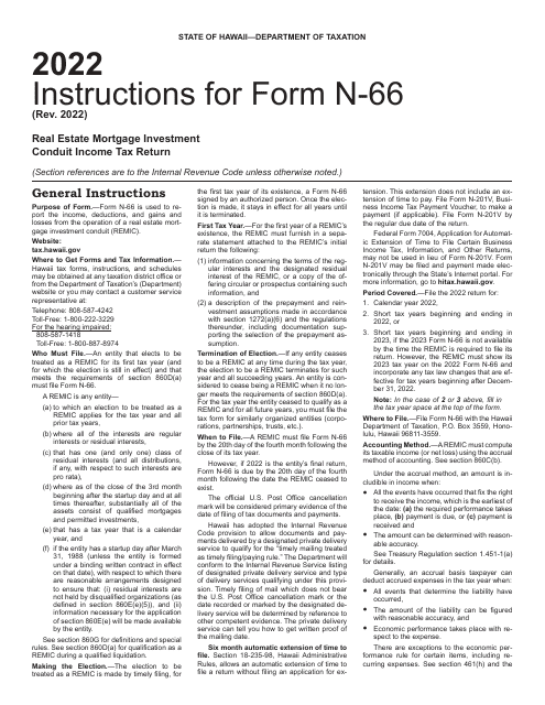 Instructions for Form N-66 Real Estate Mortgage Investment Conduit Income Tax Return - Hawaii, 2022