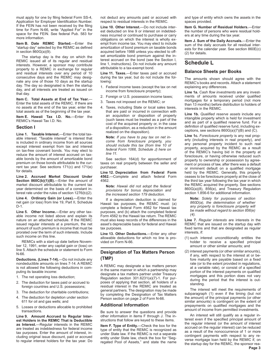 Instructions for Form N-66 Real Estate Mortgage Investment Conduit Income Tax Return - Hawaii, Page 3