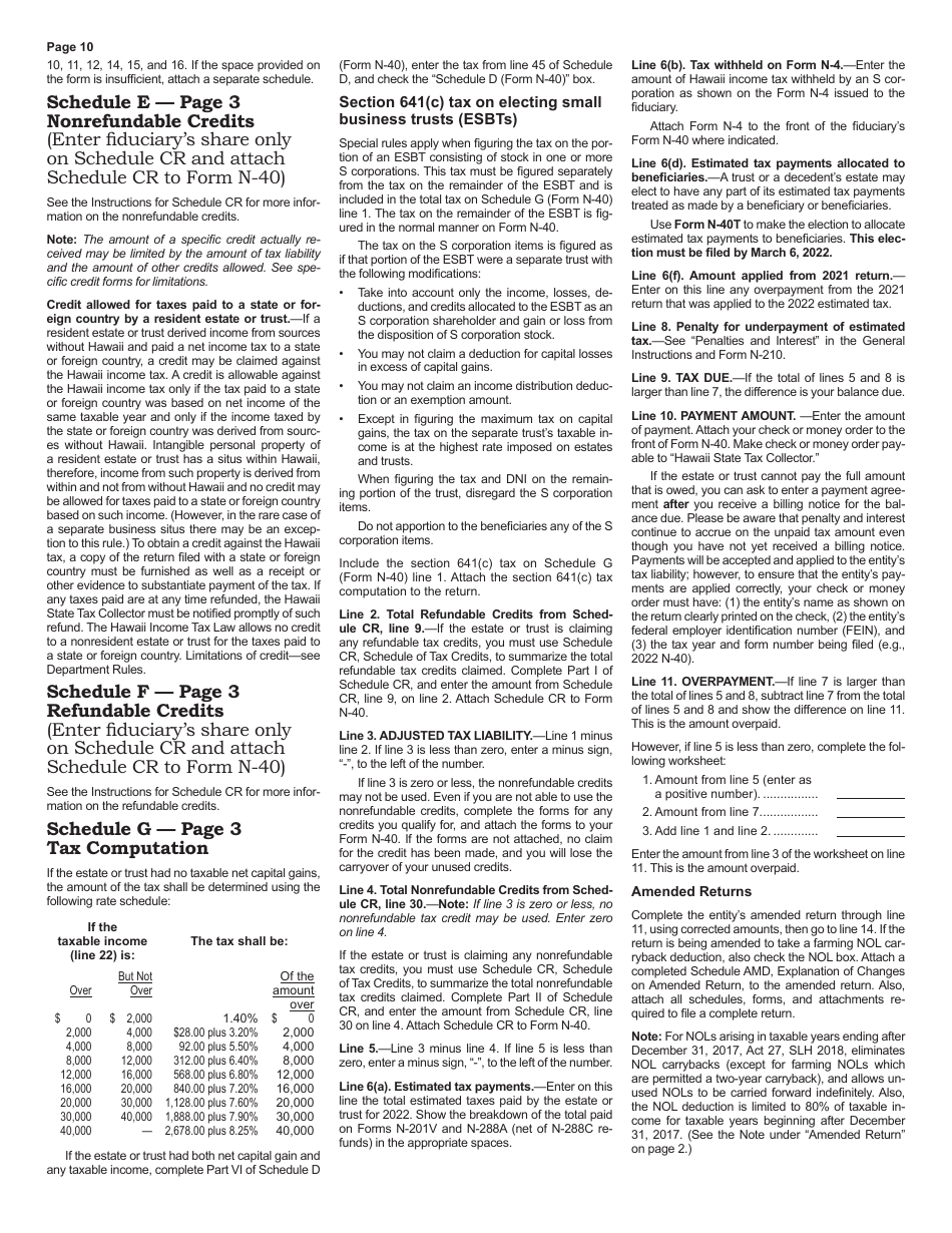 Instructions for Form N-40 Fiduciary Income Tax Return - Hawaii, Page 10