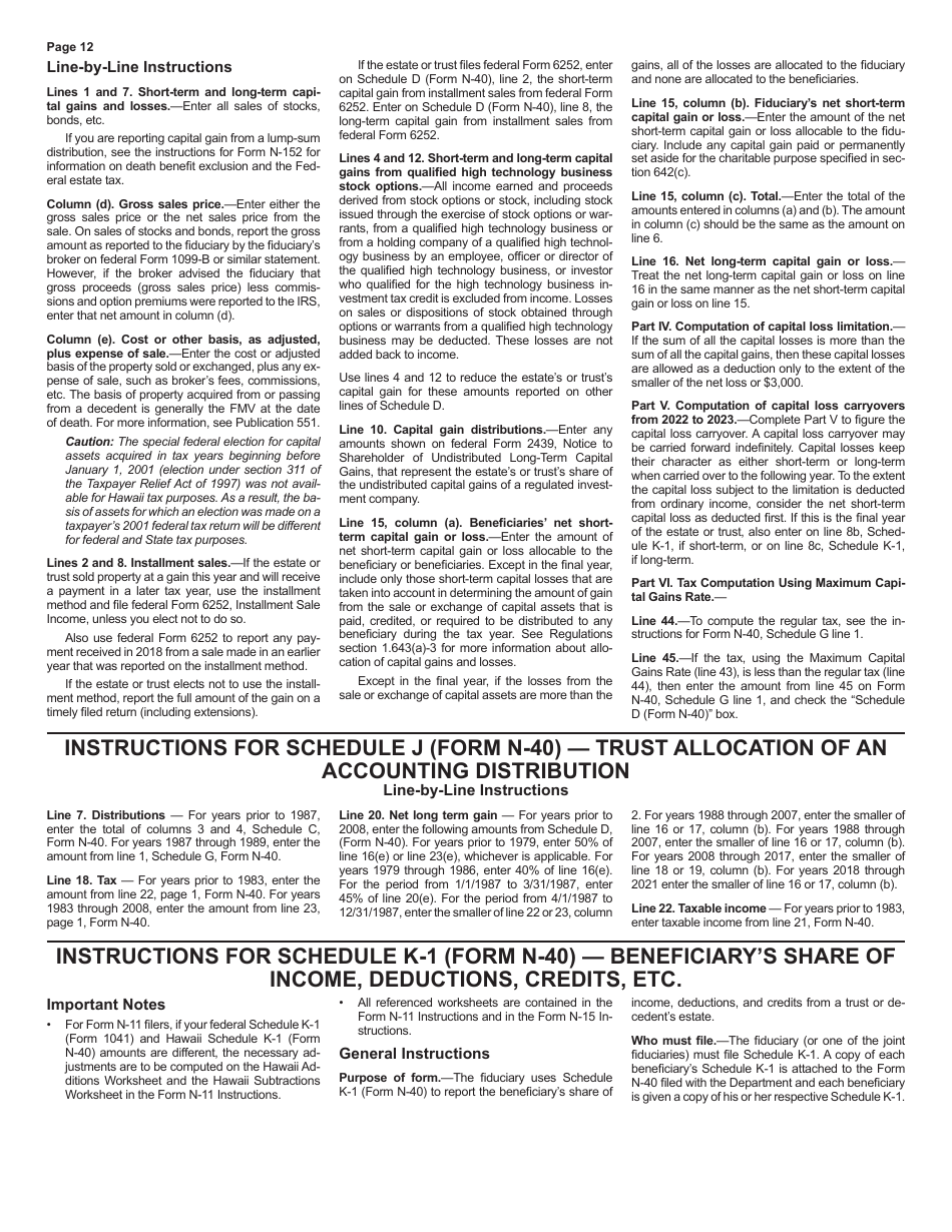 Instructions for Form N-40 Fiduciary Income Tax Return - Hawaii, Page 12