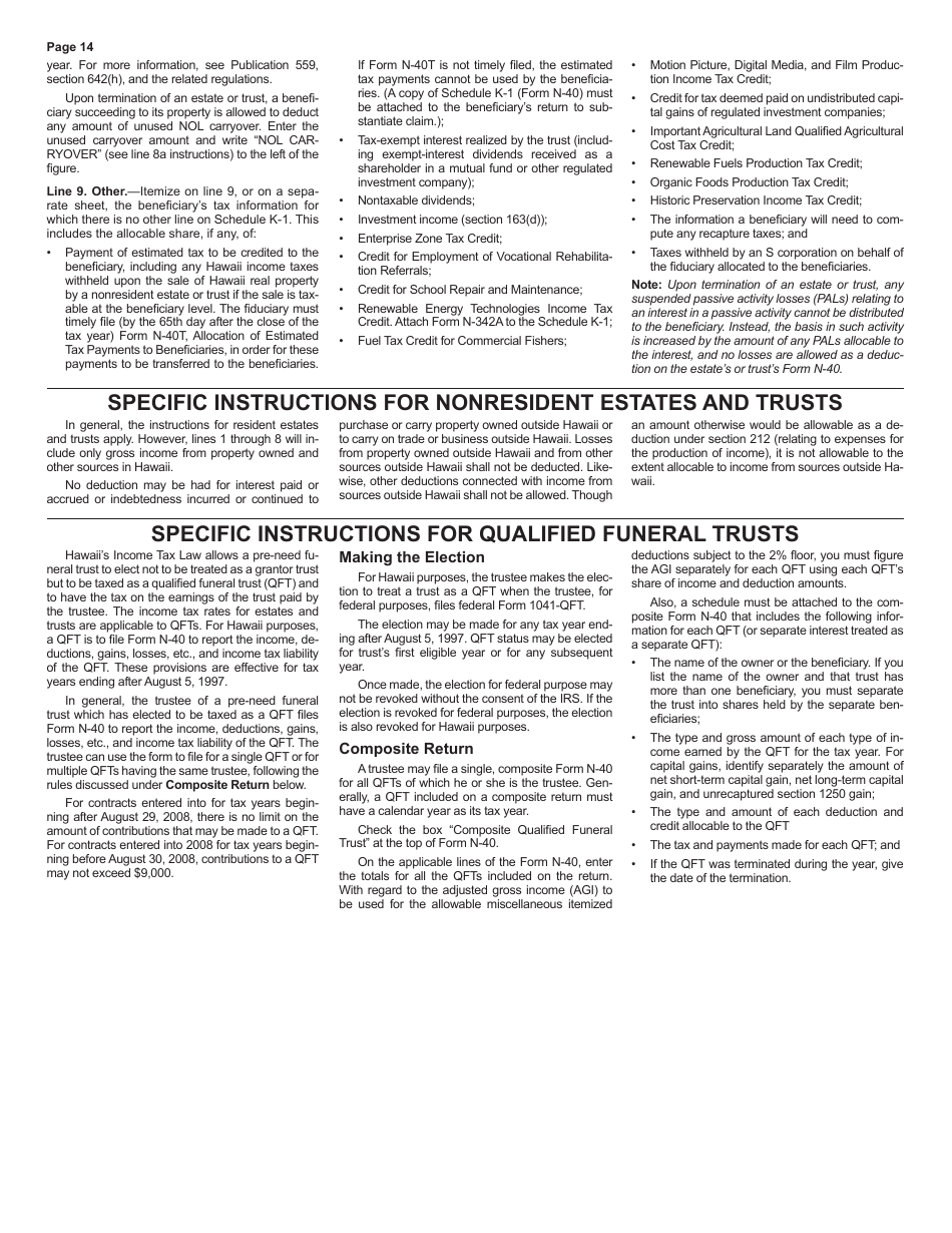 Instructions for Form N-40 Fiduciary Income Tax Return - Hawaii, Page 14