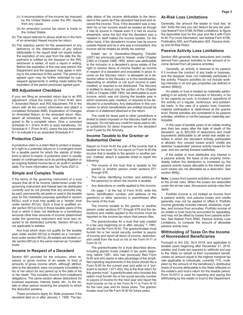 Instructions for Form N-40 Fiduciary Income Tax Return - Hawaii, Page 3