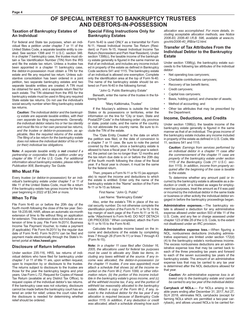 Instructions for Form N-40 Fiduciary Income Tax Return - Hawaii, Page 4