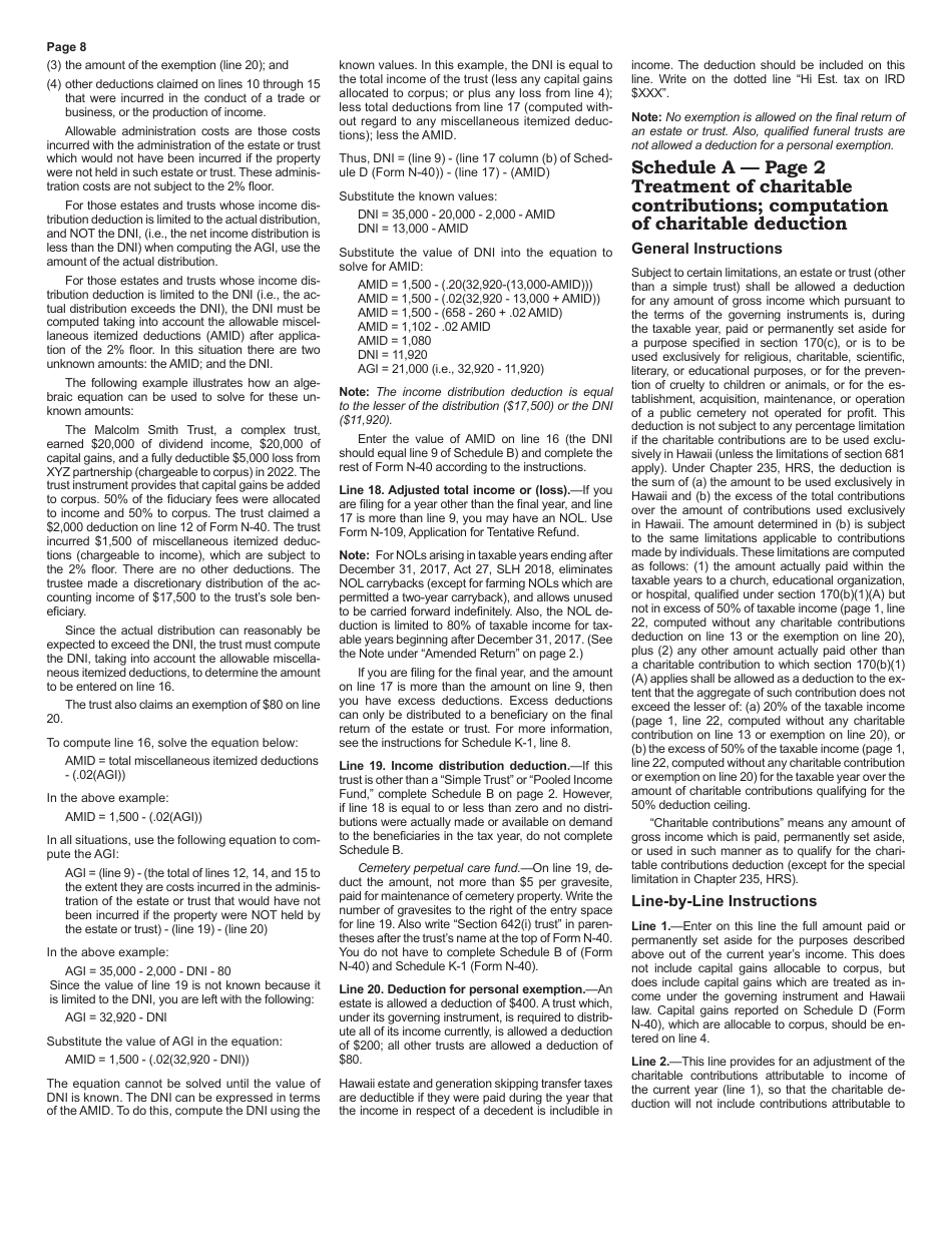 Instructions for Form N-40 Fiduciary Income Tax Return - Hawaii, Page 8