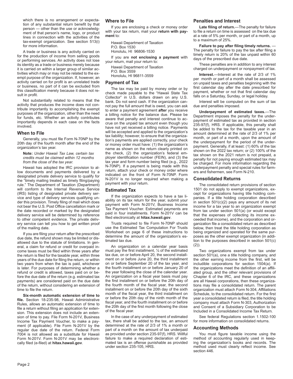 Instructions for Form N-70NP Exempt Organization Business Income Tax Return - Hawaii, Page 2
