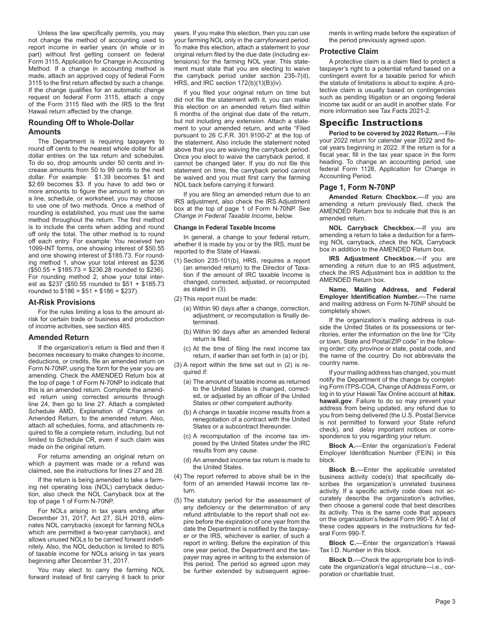 Instructions for Form N-70NP Exempt Organization Business Income Tax Return - Hawaii, Page 3