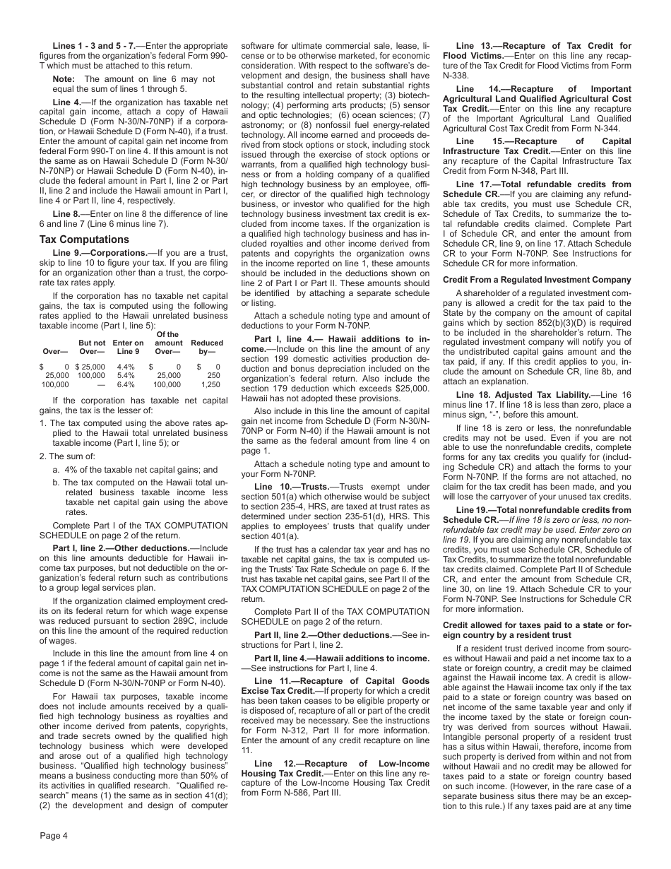 Instructions for Form N-70NP Exempt Organization Business Income Tax Return - Hawaii, Page 4