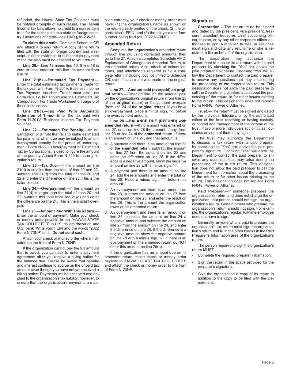 Instructions for Form N-70NP Exempt Organization Business Income Tax Return - Hawaii, Page 5