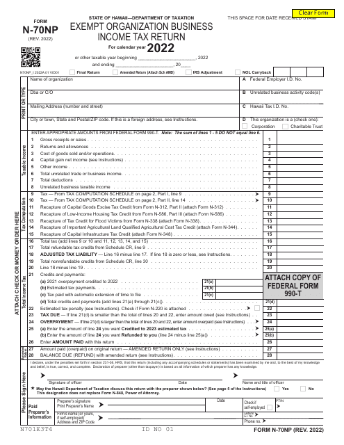 Form N-70NP Exempt Organization Business Income Tax Return - Hawaii, 2022