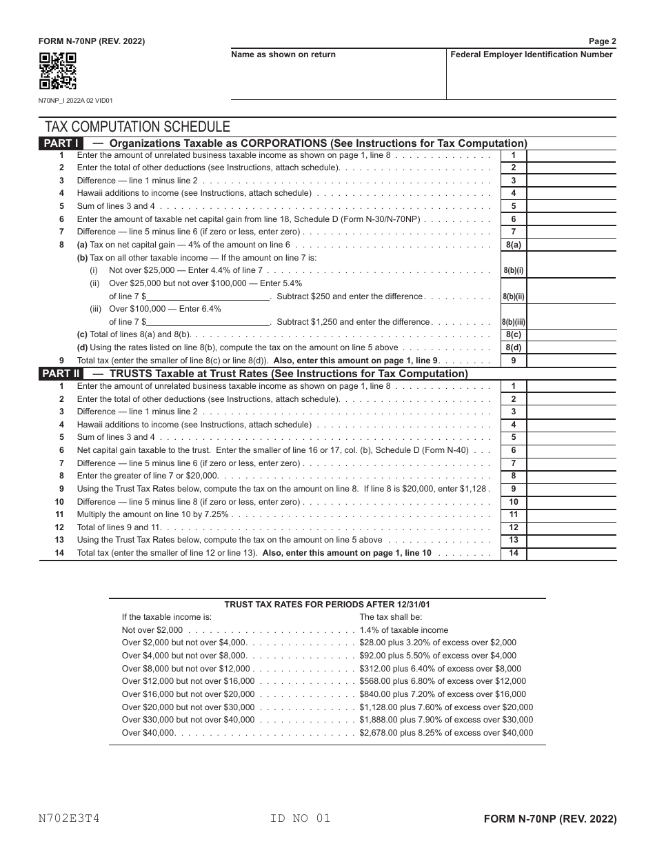 Form N-70NP Exempt Organization Business Income Tax Return - Hawaii, Page 2