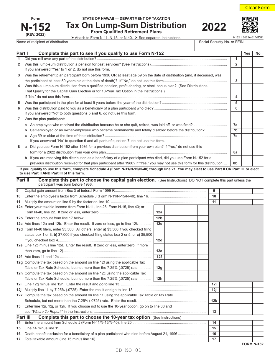 Form N-152 Tax on Lump-Sum Distribution - Hawaii, Page 1