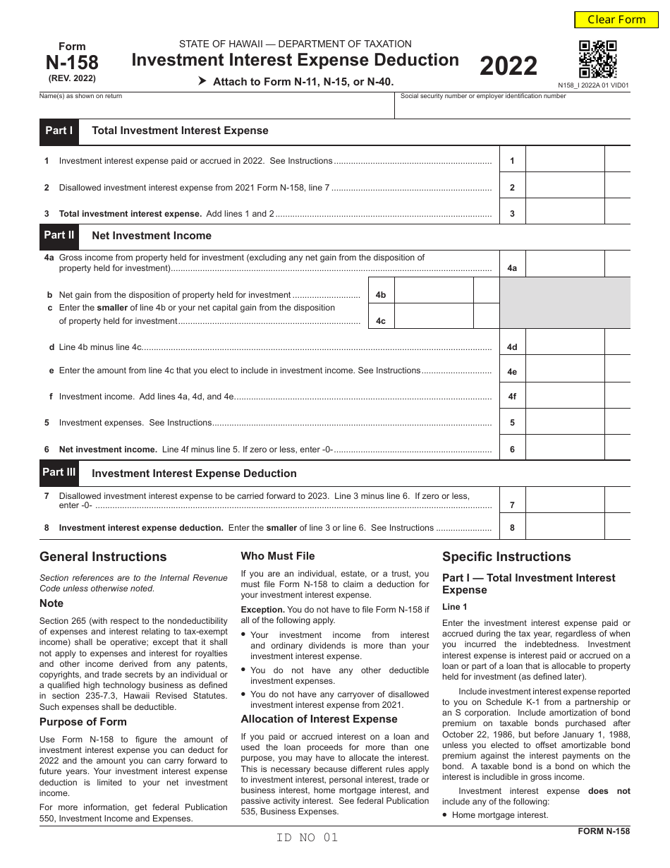 Form N-158 Investment Interest Expense Deduction - Hawaii, Page 1