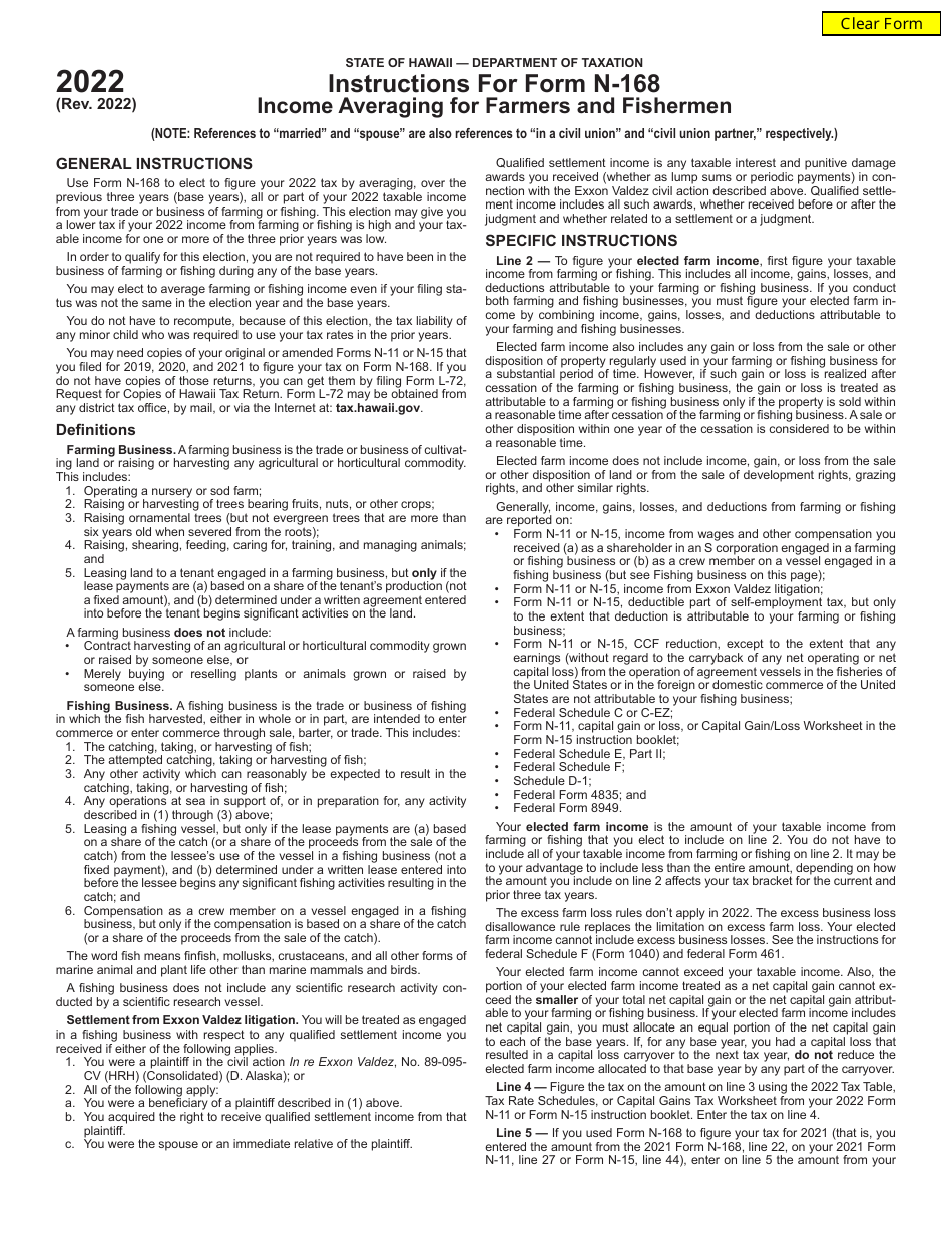 Instructions for Form N-168 Income Averaging for Farmers and Fishermen - Hawaii, Page 1