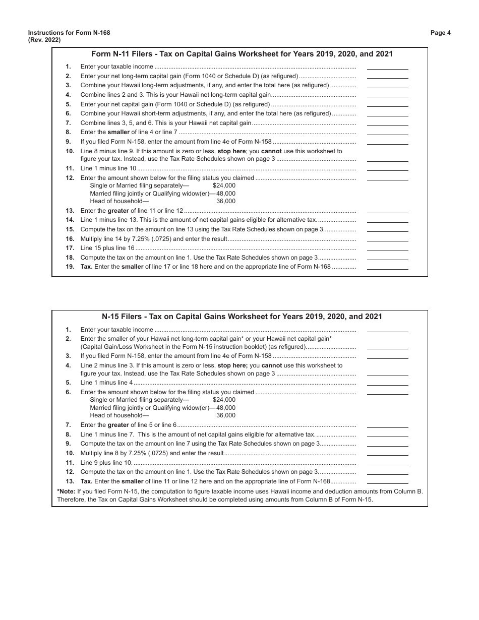 Instructions for Form N-168 Income Averaging for Farmers and Fishermen - Hawaii, Page 4