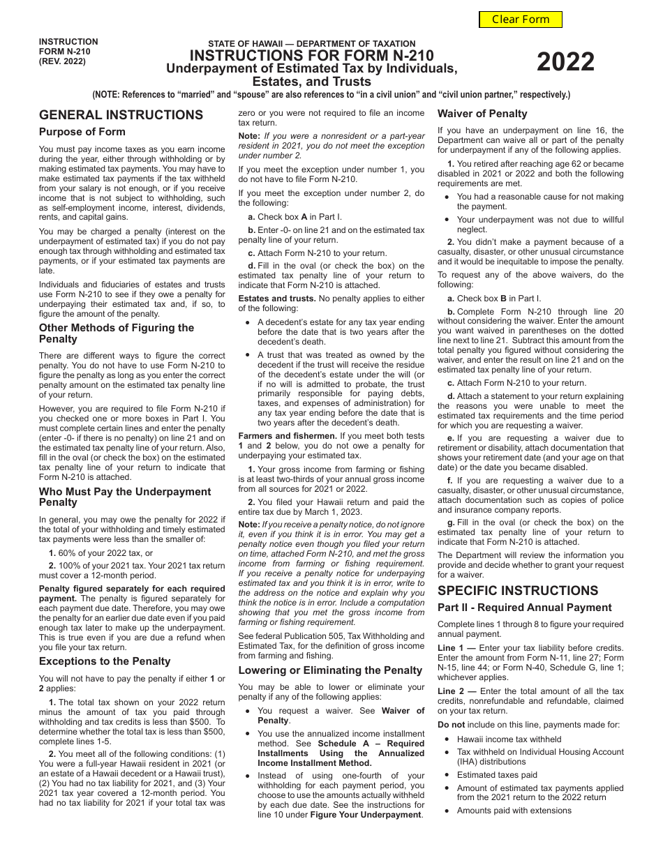 Download Instructions for Form N210 Underpayment of Estimated Tax by