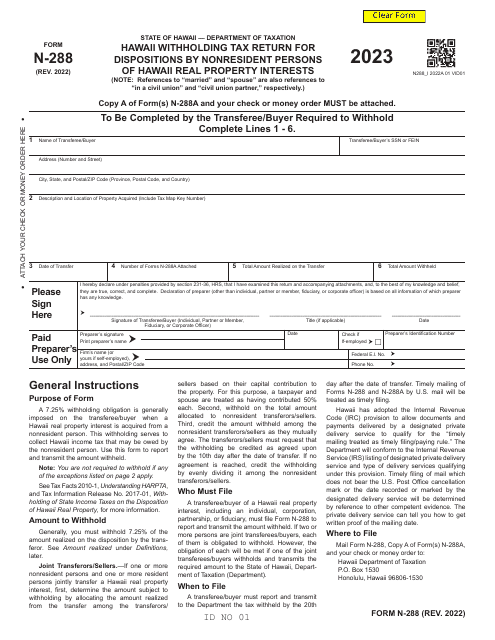 Form N-288 Hawaii Withholding Tax Return for Dispositions by Nonresident Persons of Hawaii Real Property Interests - Hawaii, 2023