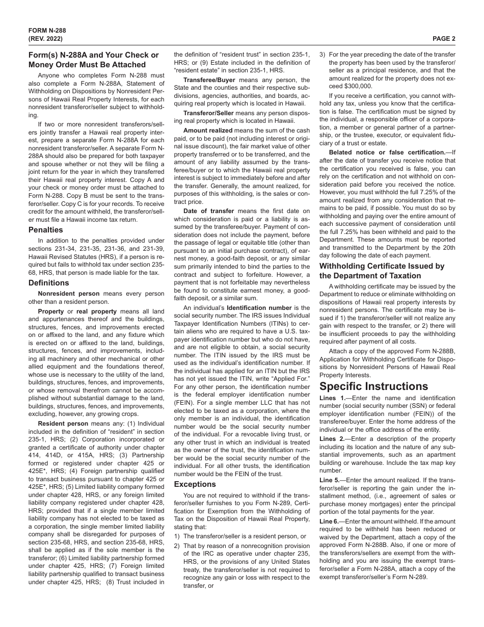 Form N-288 Hawaii Withholding Tax Return for Dispositions by Nonresident Persons of Hawaii Real Property Interests - Hawaii, Page 2