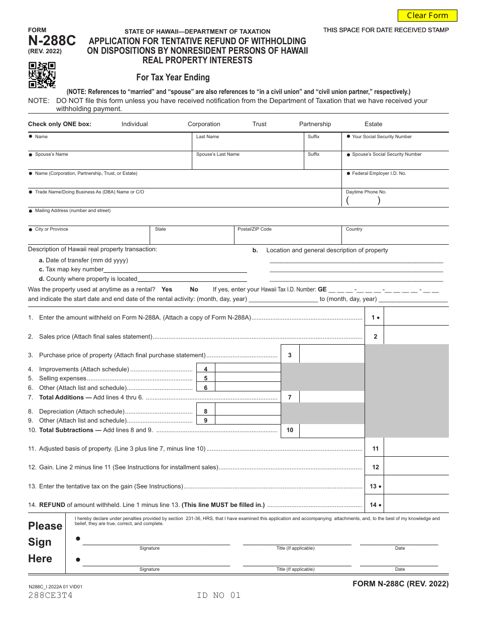 Form N-288C Application for Tentative Refund of Withholding on Dispositions by Nonresident Persons of Hawaii Real Property Interests - Hawaii, Page 1